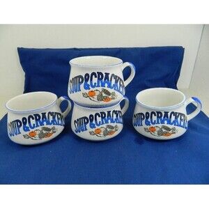 Vintage 1980's Blue "Soup And Crackers" Ceramic Handled Mug Soup Bowl Set of 4